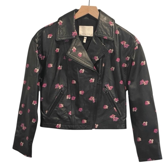 Rebecca Taylor Floriana Black Leather Jacket, Cropped, Pink Flower Print, Sz 2 - Picture 6 of 16